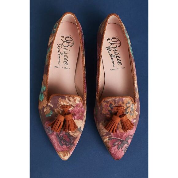 Anthropologie Bique Ballerinas | Velvet loafer pointed toe floral suede trim siz - Picture 13 of 13